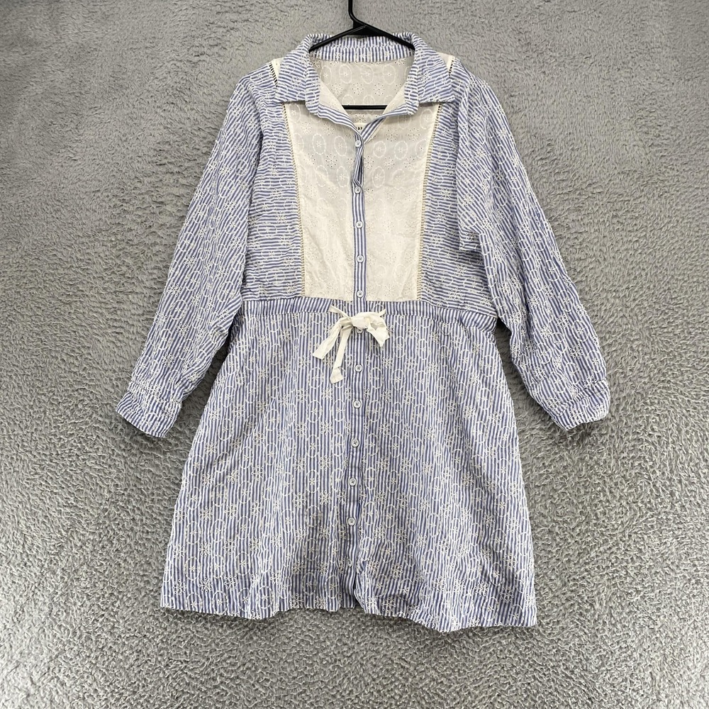 Maeve Anthropologie Dress Womens Medium Blue White Stripe Eyelet Seersucker Maid